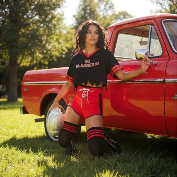 Fantasy Footballer Costume Set W/ “Go Slashers!” Crop Top & Lace-Up Shorts – NWT - Picture 3 of 4